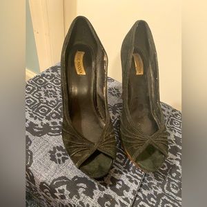 Steve Madden Pawla black suede peep toe heels, size 10M